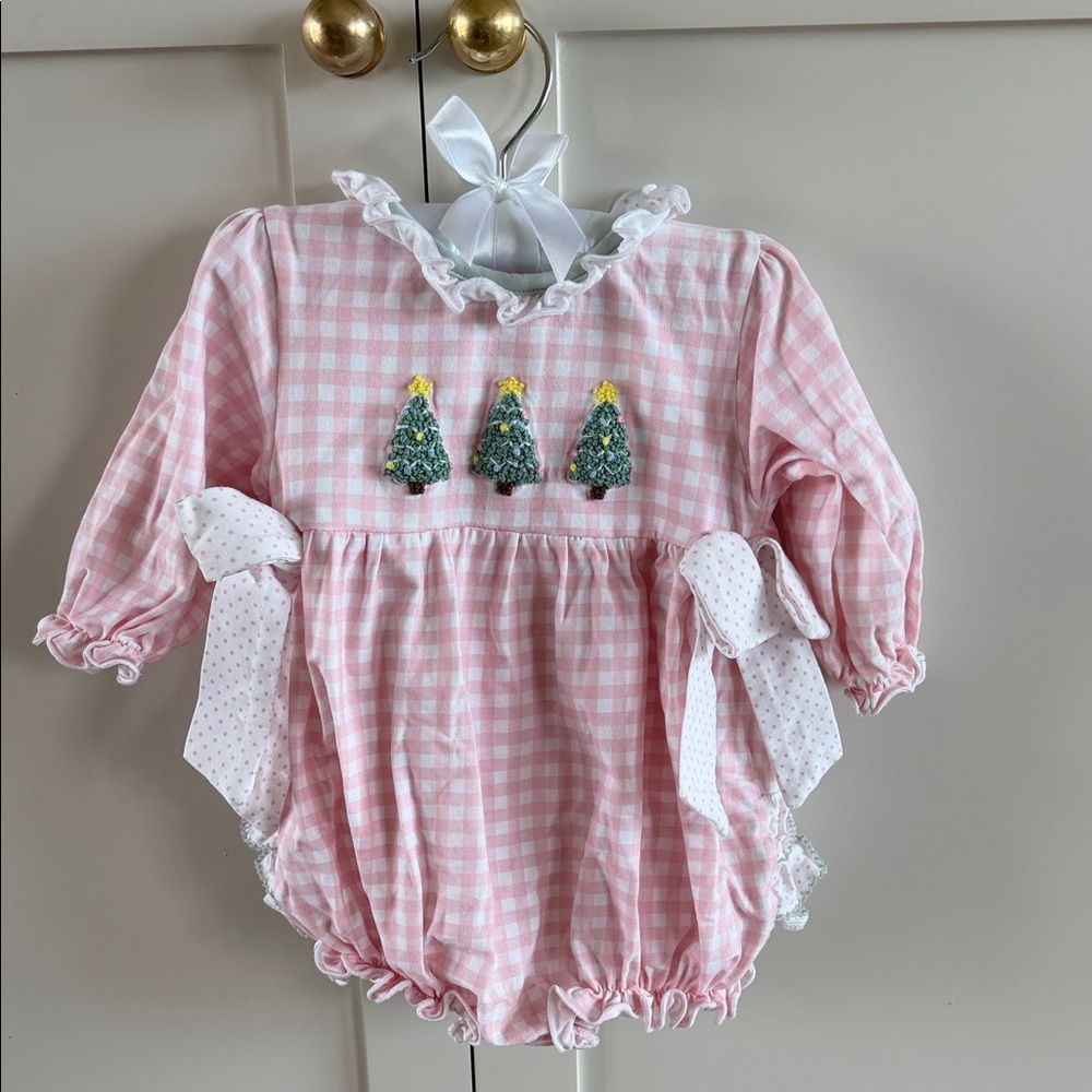 Pink Gingham Baby Romper with Embroidered Trees